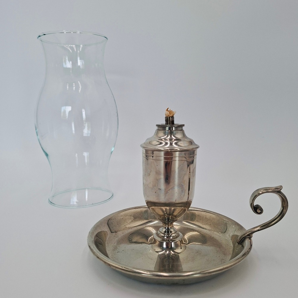 Vintage Shirley Pewter Chamber Oil Lamp Glass Chimney Colonial Finger Handle 9"